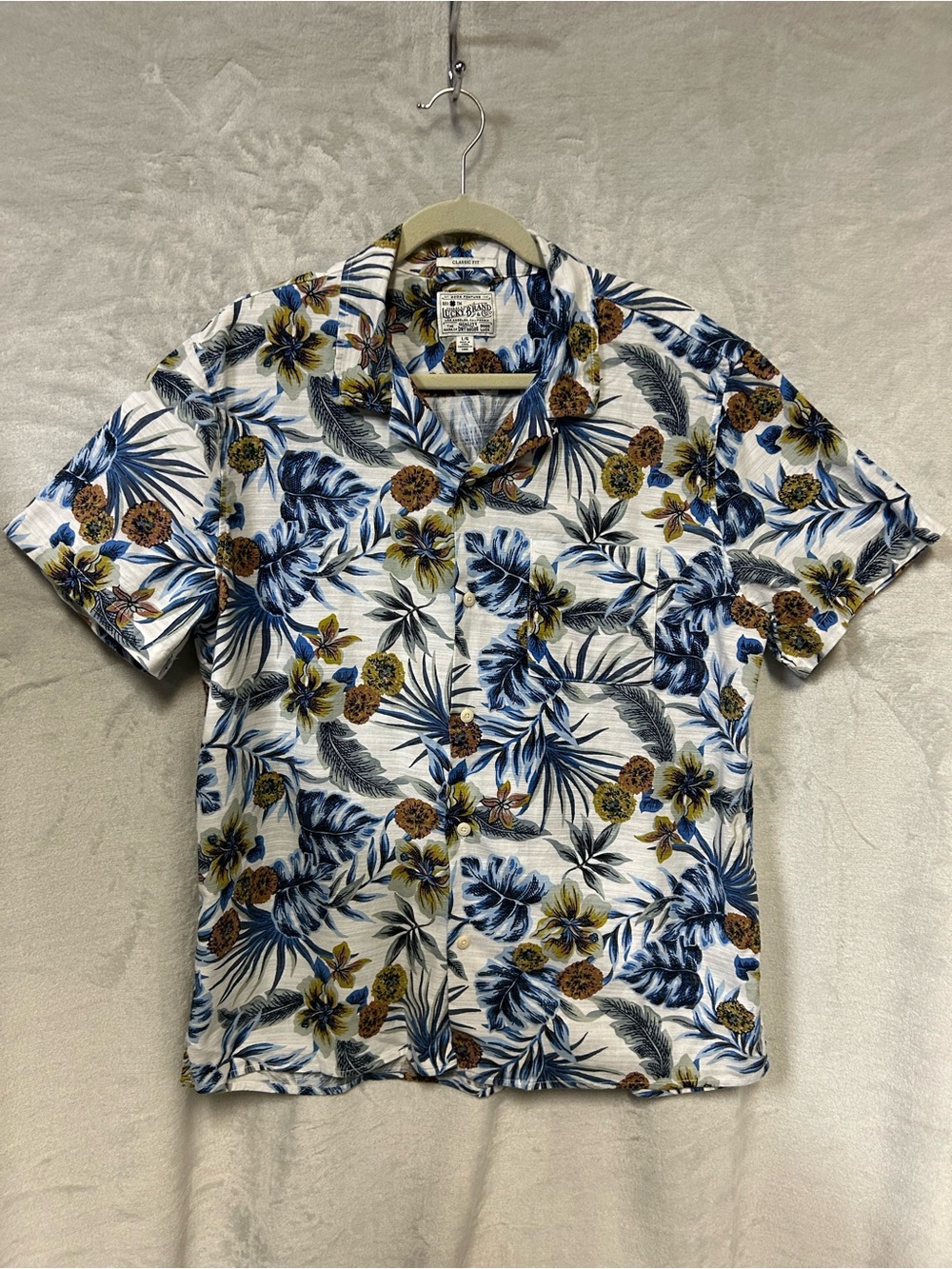 100% Cotton Lucky Brand White Floral Hawaiian Camp Shirt with Blue & Brown Print